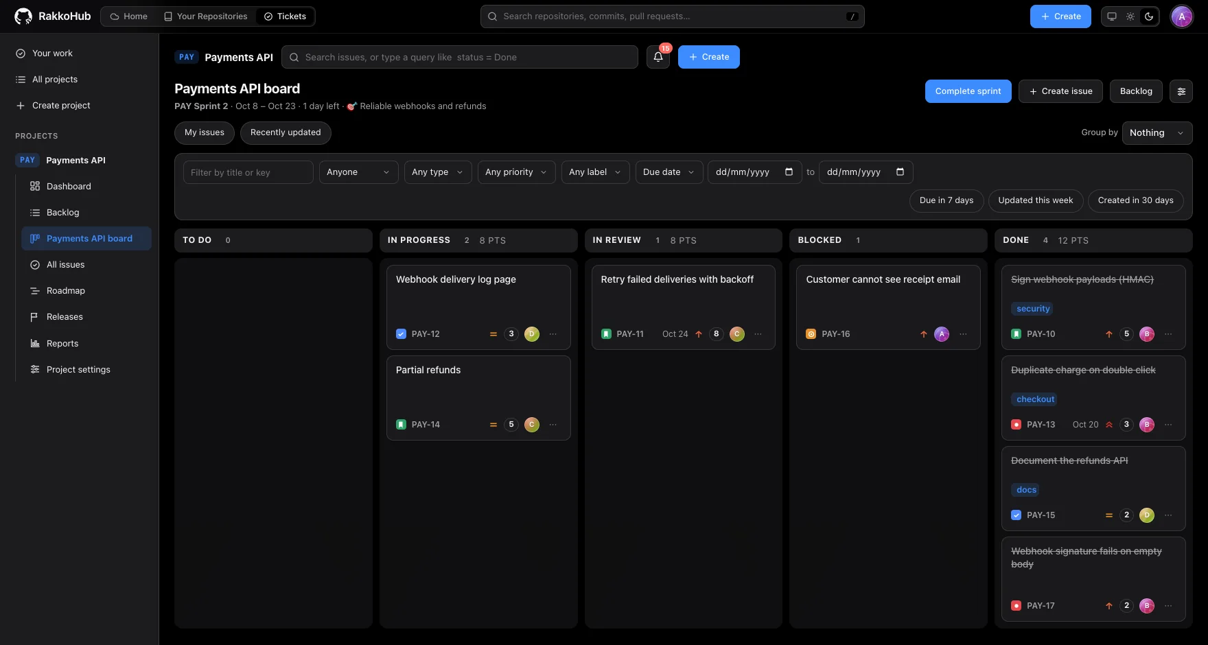 Plan the work: a screenshot of RakkoHub in the dark theme