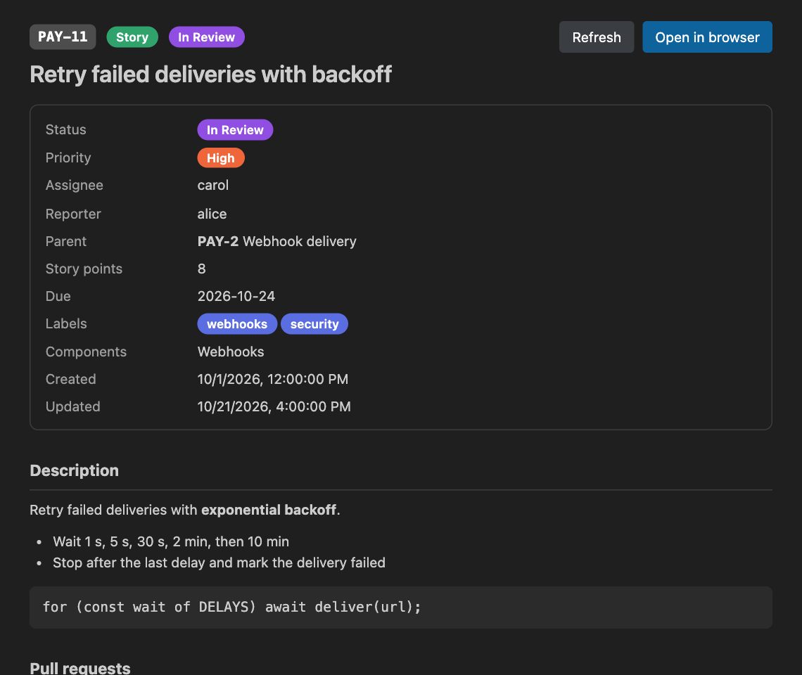 A ticket open in a VS Code tab: status, assignee, description, linked pull request and comments, with an Open in browser button